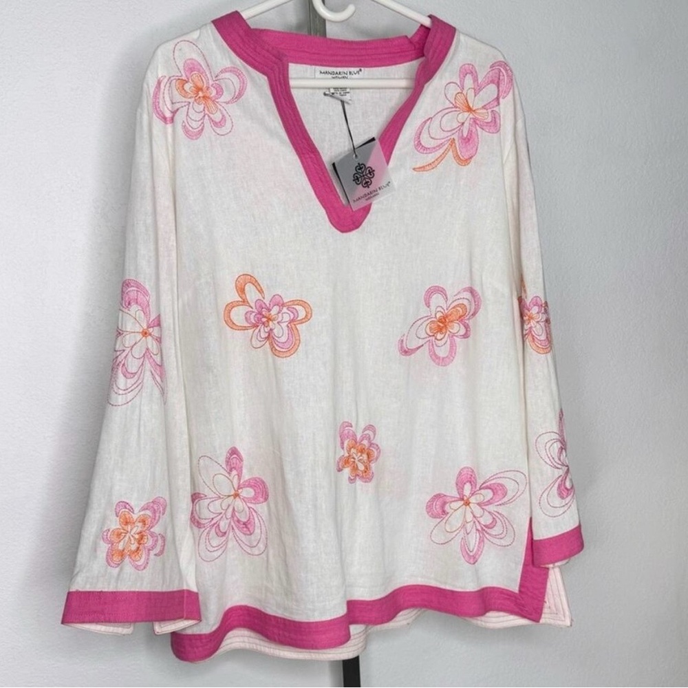 Linen Blend Embroidered Floral Top Blouse Boho Resort Plus Beach Size 1X